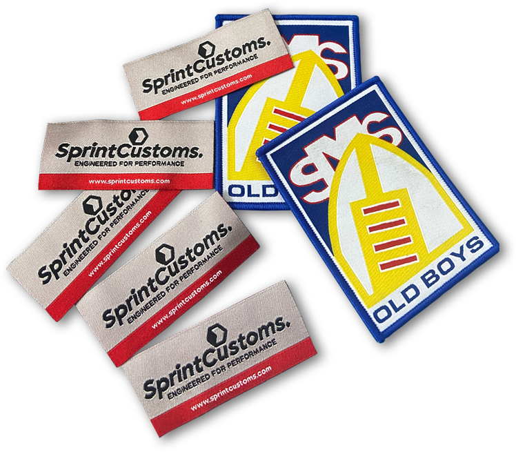 Woven SprintCustoms labels and embroidered team badges